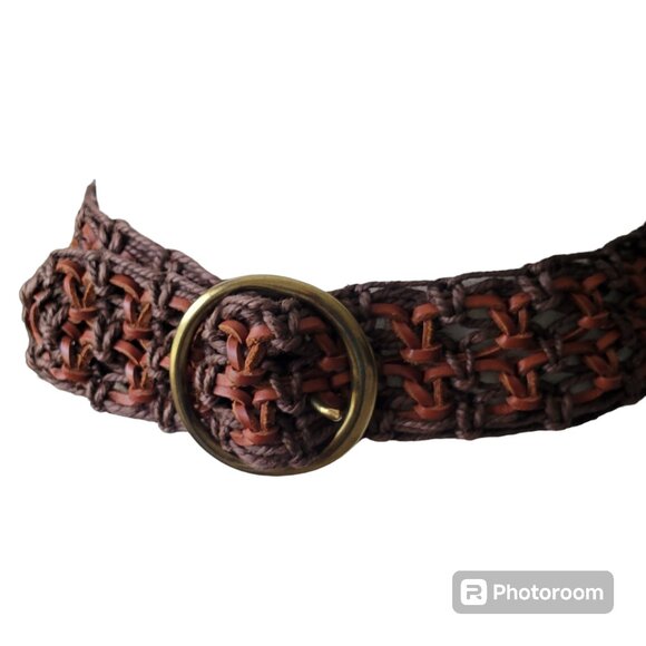 Macrame Leather and Rope Boho Woven Belt with Round Gold Tone Buckle Y2K - Picture 8 of 9
